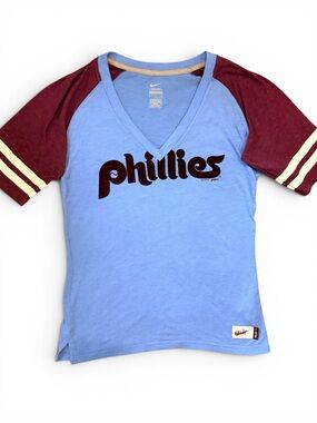 Nike Philadelphia Phillies Velvet Logo V Neck Raglan Tee Blue Maroon Small